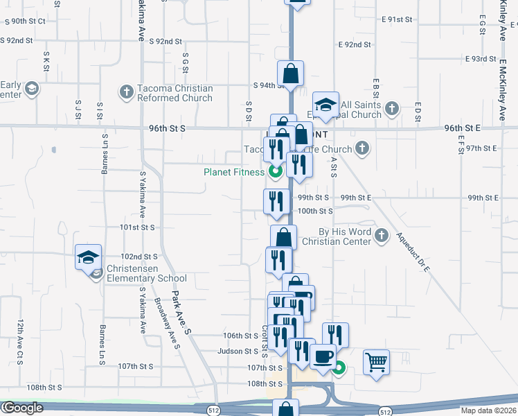 map of restaurants, bars, coffee shops, grocery stores, and more near 228 100th Street South in Tacoma