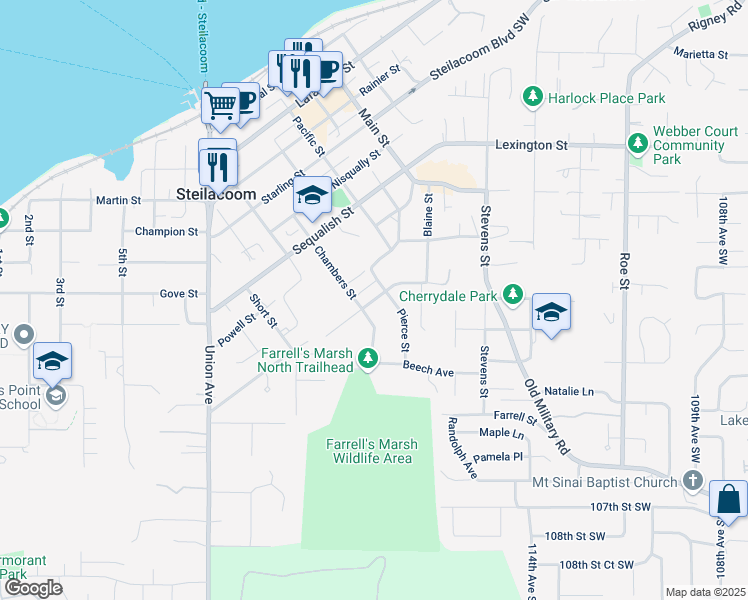 map of restaurants, bars, coffee shops, grocery stores, and more near 1312 Adams Street in Steilacoom