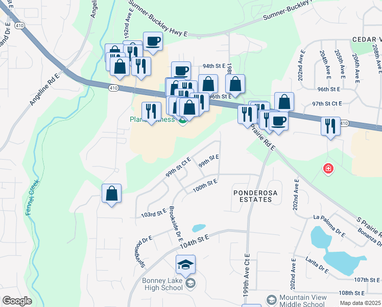 map of restaurants, bars, coffee shops, grocery stores, and more near 19712 99th Street Court East in Bonney Lake