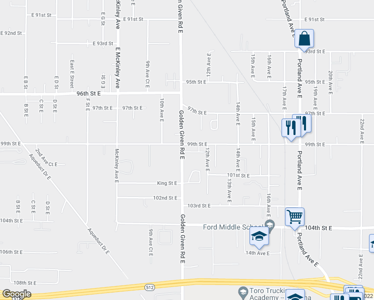 map of restaurants, bars, coffee shops, grocery stores, and more near 1103 99th Street Court East in Tacoma