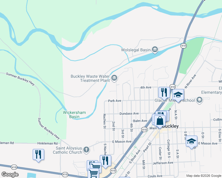 map of restaurants, bars, coffee shops, grocery stores, and more near 600 Hatch Street in Buckley