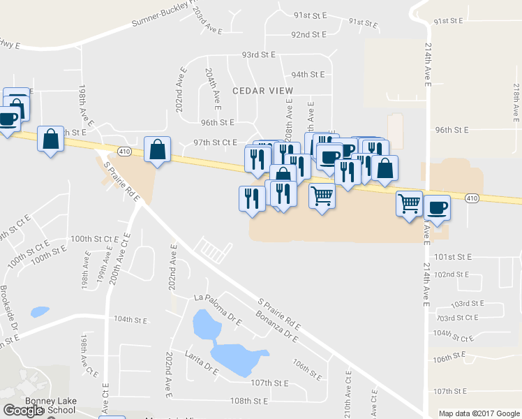 map of restaurants, bars, coffee shops, grocery stores, and more near 20831 Highway 410 in Bonney Lake