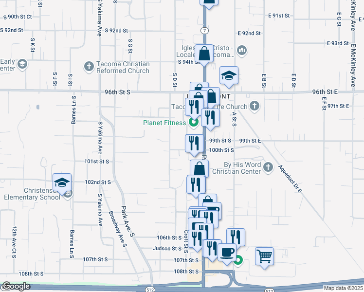 map of restaurants, bars, coffee shops, grocery stores, and more near 9836 Croft Street South in Tacoma