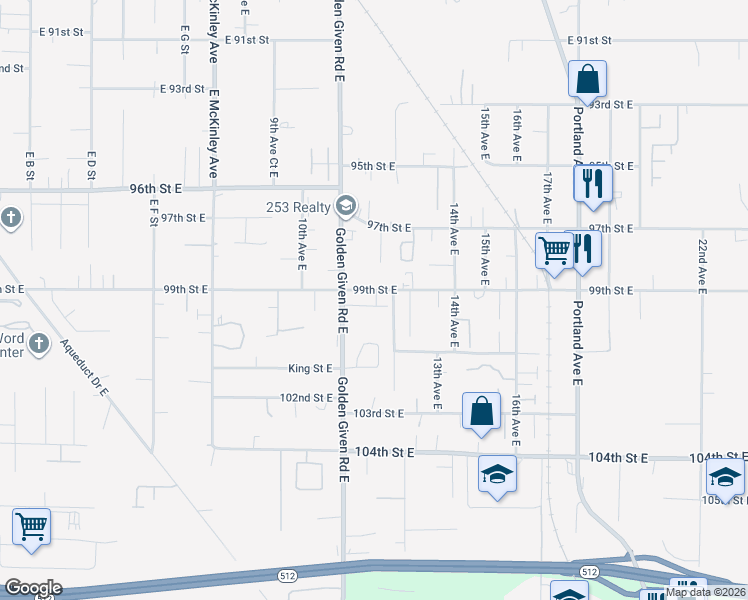 map of restaurants, bars, coffee shops, grocery stores, and more near 1111 99th Street Court East in Tacoma