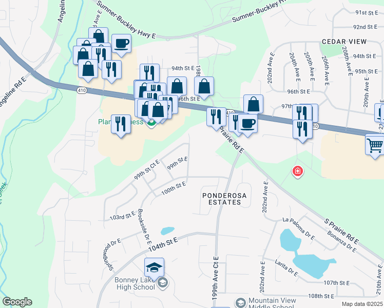map of restaurants, bars, coffee shops, grocery stores, and more near 9902 198th Avenue Court East in Bonney Lake