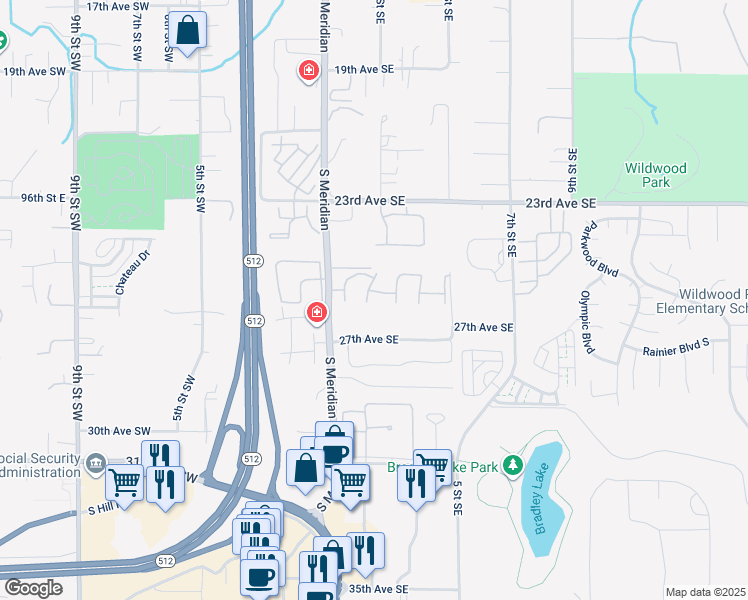 map of restaurants, bars, coffee shops, grocery stores, and more near 2515 South Meridian in Puyallup