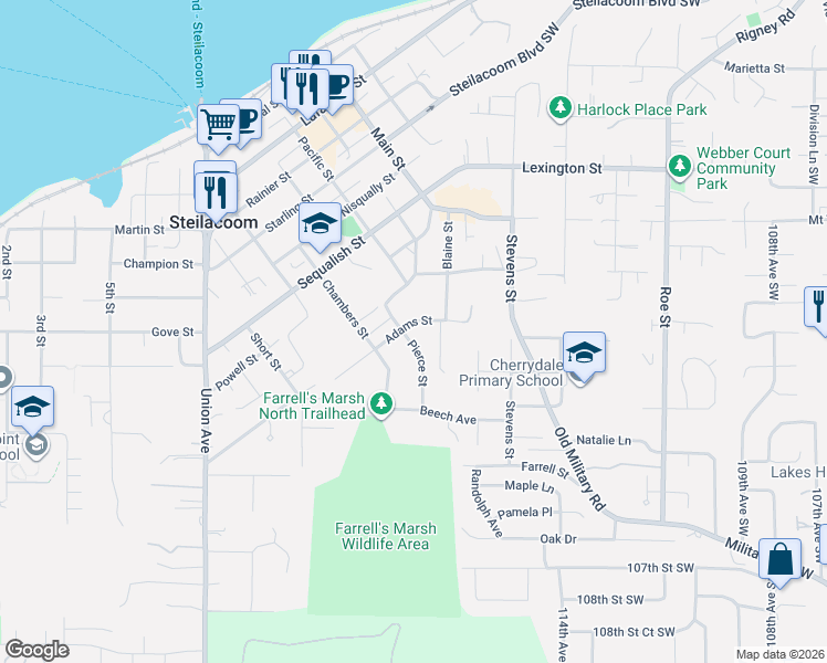 map of restaurants, bars, coffee shops, grocery stores, and more near 1603 Adams Street in Steilacoom