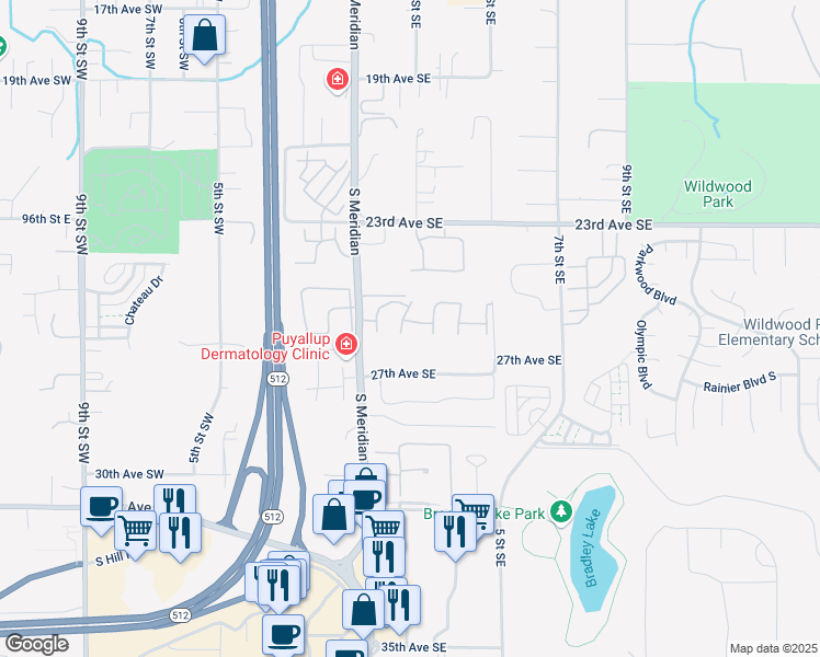 map of restaurants, bars, coffee shops, grocery stores, and more near 2515 South Meridian in Puyallup