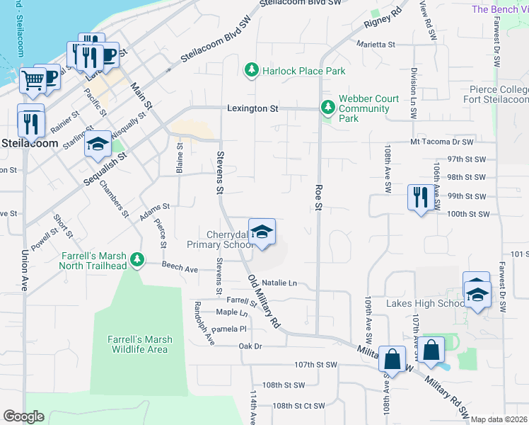 map of restaurants, bars, coffee shops, grocery stores, and more near 2432 Saint Andrews Lane in Steilacoom