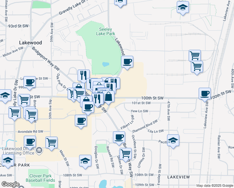 map of restaurants, bars, coffee shops, grocery stores, and more near 5211 100th Street Southwest in Lakewood