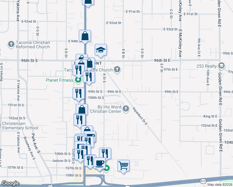map of restaurants, bars, coffee shops, grocery stores, and more near 133 99th Street Court East in Tacoma