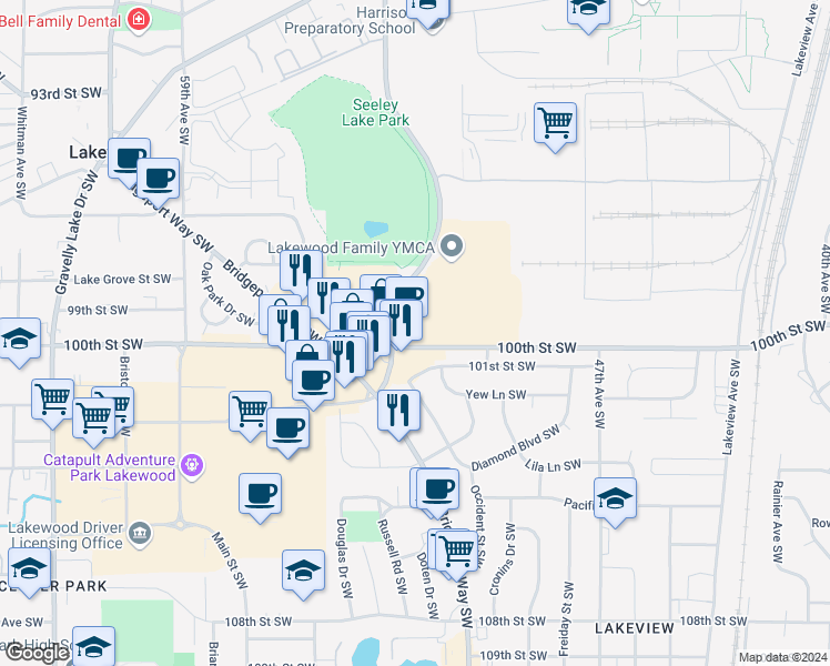 map of restaurants, bars, coffee shops, grocery stores, and more near 5211 100th Street Southwest in Lakewood