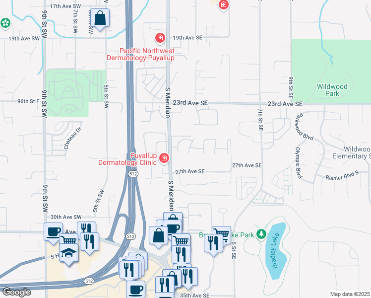 map of restaurants, bars, coffee shops, grocery stores, and more near 2515 South Meridian in Puyallup