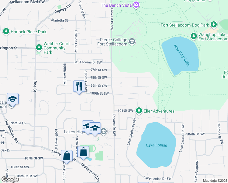 map of restaurants, bars, coffee shops, grocery stores, and more near 9901 Farwest Drive Southwest in Tacoma