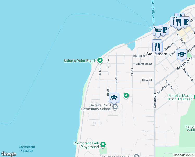 map of restaurants, bars, coffee shops, grocery stores, and more near 510 1st Street in Steilacoom