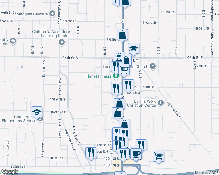 map of restaurants, bars, coffee shops, grocery stores, and more near 9836 Croft Street South in Tacoma