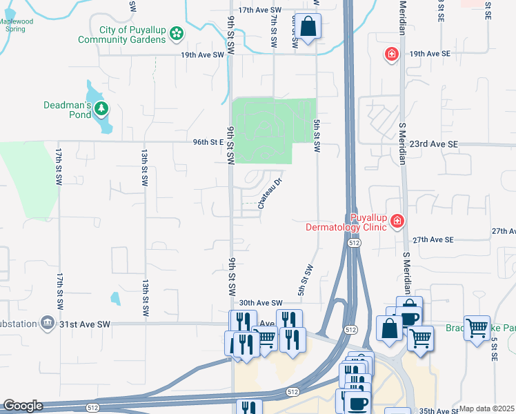 map of restaurants, bars, coffee shops, grocery stores, and more near 2533 8th Street Southwest in Puyallup