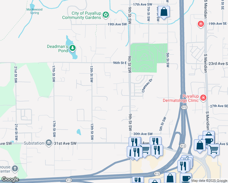 map of restaurants, bars, coffee shops, grocery stores, and more near 2530 10th Street Southwest in Puyallup