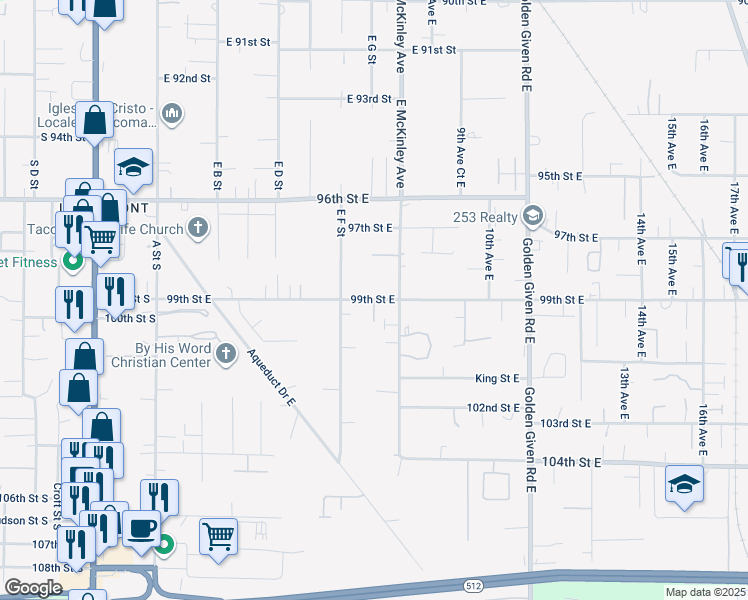 map of restaurants, bars, coffee shops, grocery stores, and more near 702 99th Street East in Tacoma