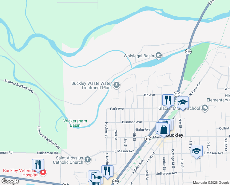 map of restaurants, bars, coffee shops, grocery stores, and more near 600 Hatch Street in Buckley