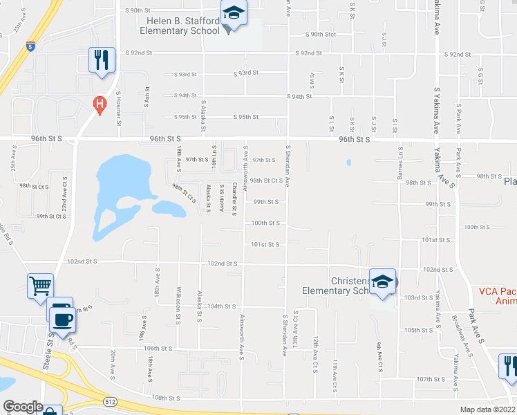 map of restaurants, bars, coffee shops, grocery stores, and more near 1426 99th Street South in Tacoma