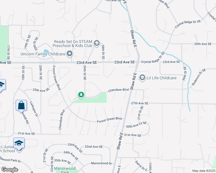 map of restaurants, bars, coffee shops, grocery stores, and more near 2815 Cherokee Boulevard in Puyallup