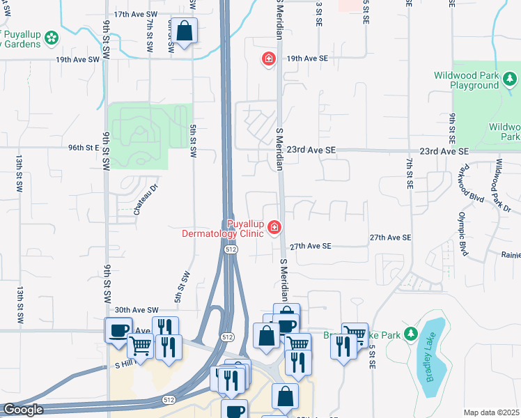 map of restaurants, bars, coffee shops, grocery stores, and more near 2580 South Meridian in Puyallup