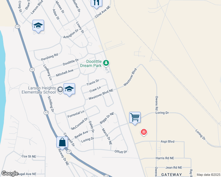 map of restaurants, bars, coffee shops, grocery stores, and more near 8901B Travis Drive in Moses Lake