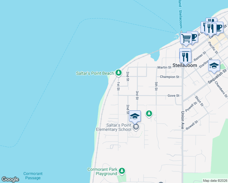 map of restaurants, bars, coffee shops, grocery stores, and more near 510 1st Street in Steilacoom