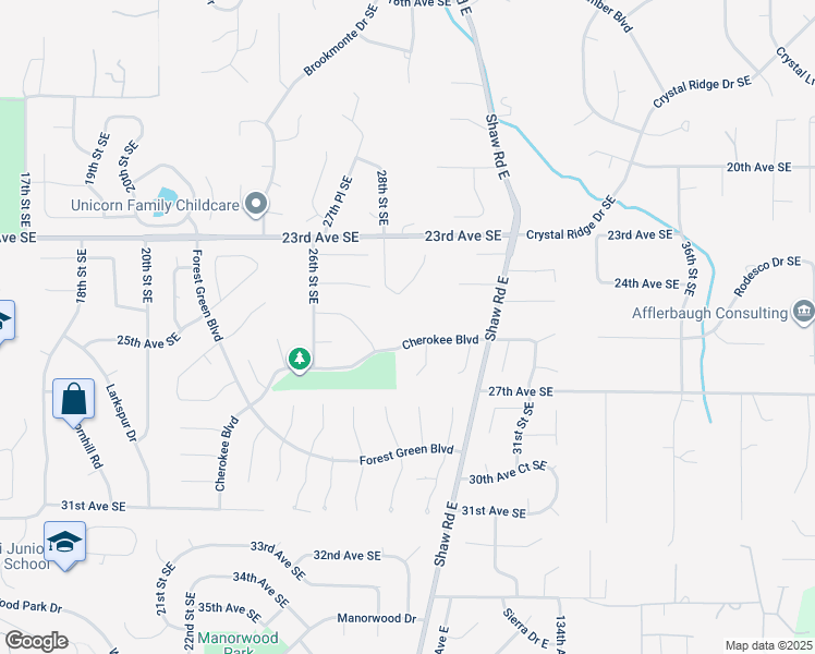 map of restaurants, bars, coffee shops, grocery stores, and more near 2815 Cherokee Boulevard in Puyallup