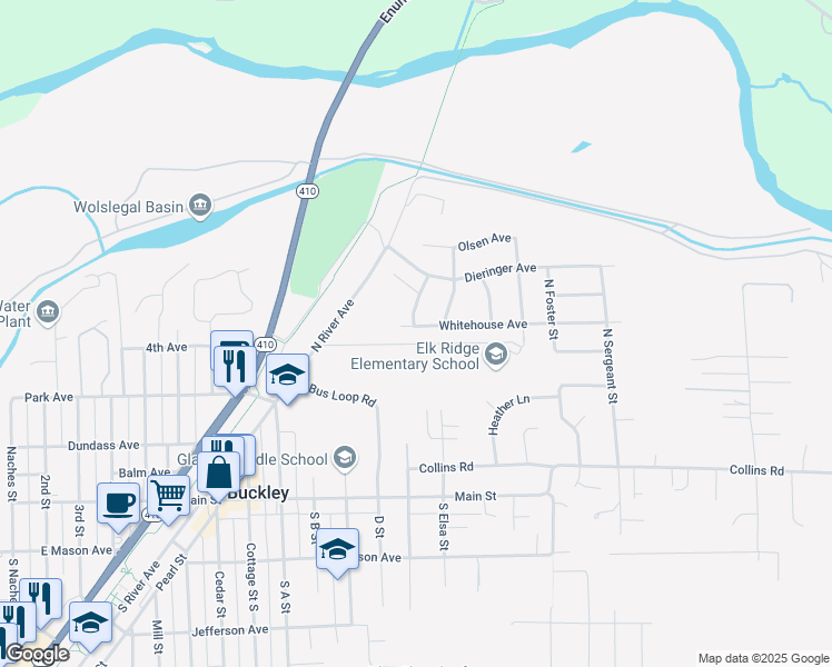 map of restaurants, bars, coffee shops, grocery stores, and more near 1327 Whitehouse Avenue in Buckley