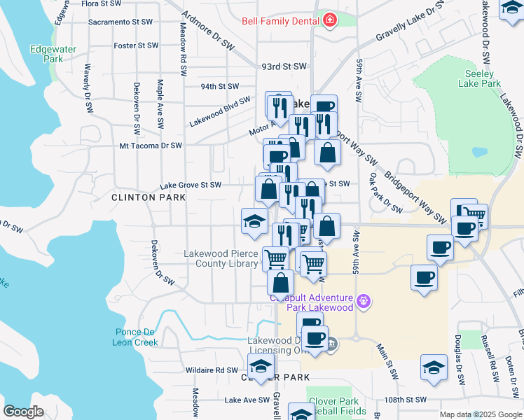 map of restaurants, bars, coffee shops, grocery stores, and more near 9811 Whitman Avenue Southwest in Lakewood