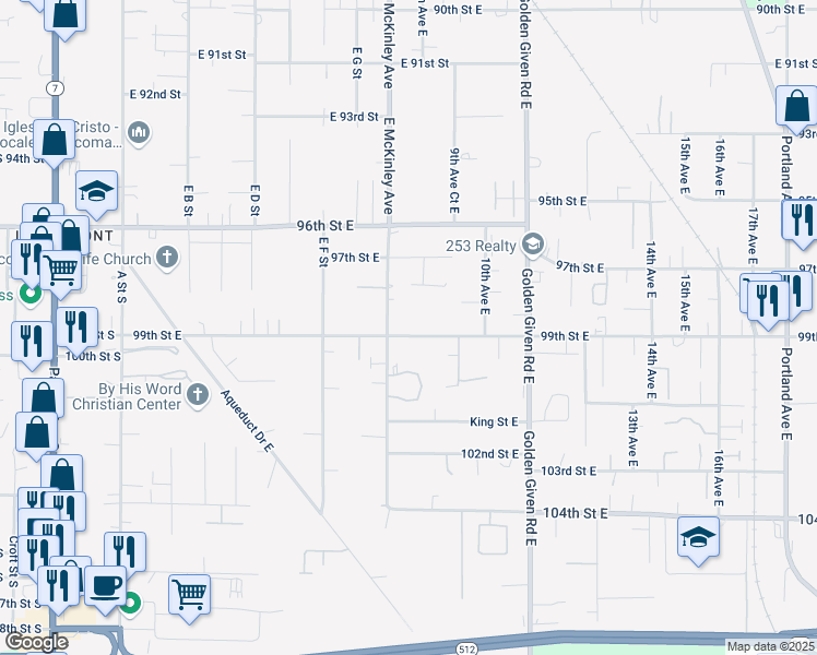 map of restaurants, bars, coffee shops, grocery stores, and more near 821 99th Street East in Tacoma