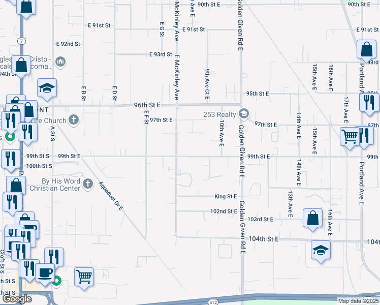 map of restaurants, bars, coffee shops, grocery stores, and more near 821 99th Street East in Tacoma