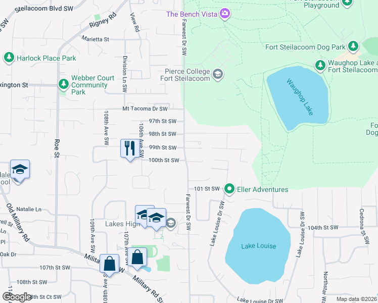map of restaurants, bars, coffee shops, grocery stores, and more near 9901 Farwest Drive Southwest in Tacoma