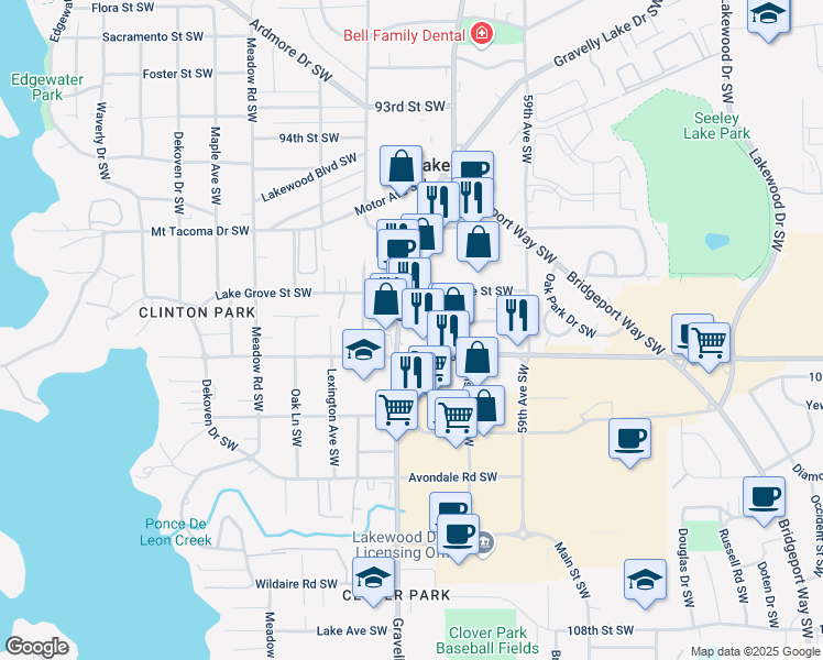 map of restaurants, bars, coffee shops, grocery stores, and more near 9901 Gravelly Lake Drive Southwest in Tacoma