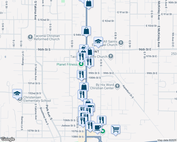 map of restaurants, bars, coffee shops, grocery stores, and more near 9825 Pacific Avenue South in Tacoma