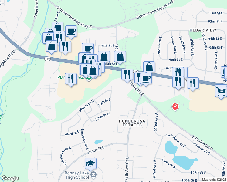 map of restaurants, bars, coffee shops, grocery stores, and more near 9902 198th Avenue Court East in Bonney Lake