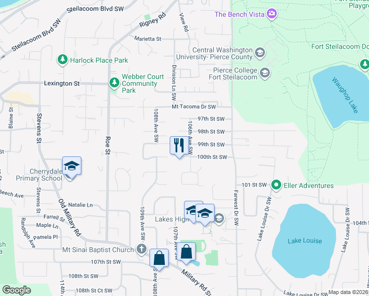 map of restaurants, bars, coffee shops, grocery stores, and more near 10612 99th Street Southwest in Tacoma