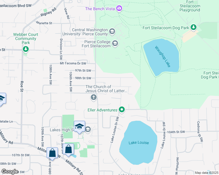 map of restaurants, bars, coffee shops, grocery stores, and more near 10024 99th Street Southwest in Tacoma