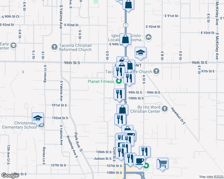 map of restaurants, bars, coffee shops, grocery stores, and more near 9836 Croft Street South in Tacoma
