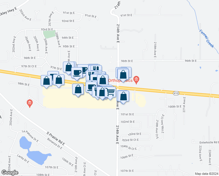 map of restaurants, bars, coffee shops, grocery stores, and more near 21250 Washington 410 in Sumner