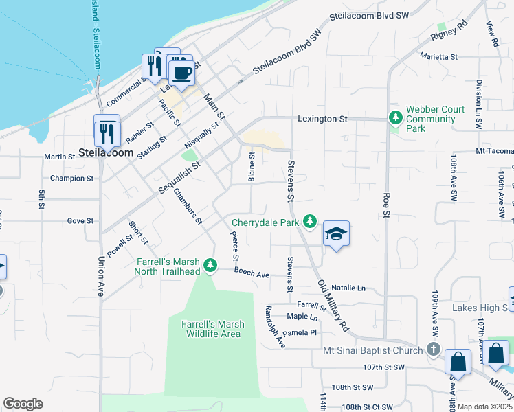 map of restaurants, bars, coffee shops, grocery stores, and more near 1003 Blaine Street in Steilacoom