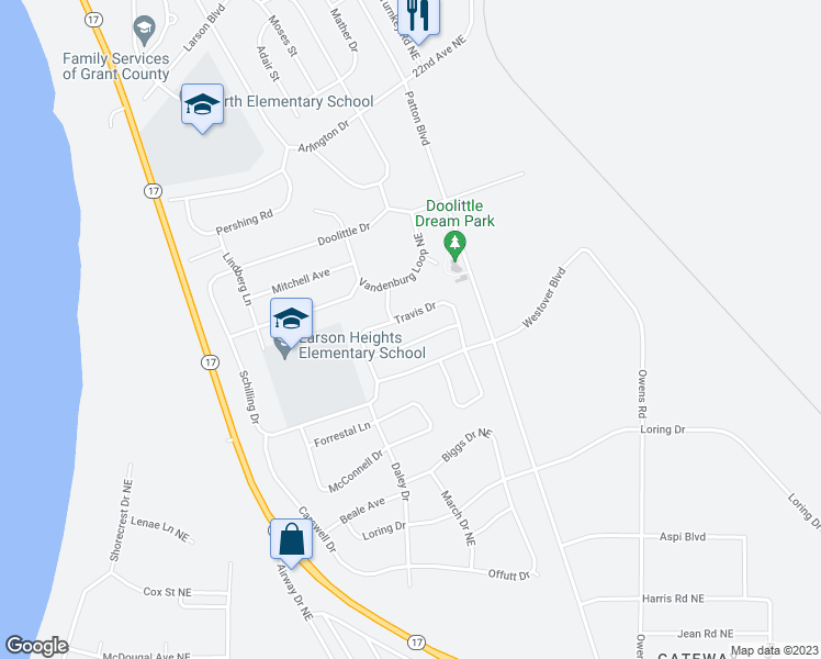 map of restaurants, bars, coffee shops, grocery stores, and more near 8913 Travis Drive in Moses Lake