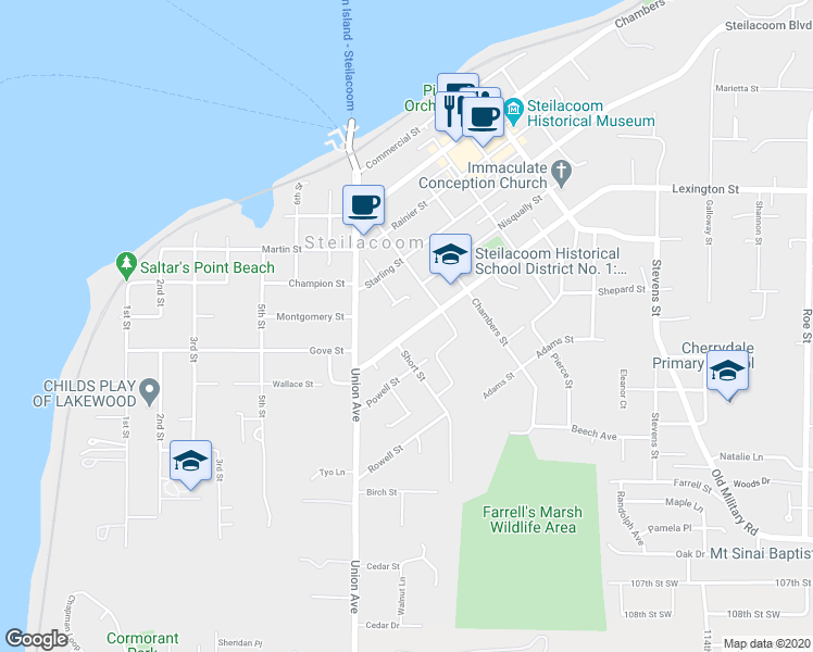 map of restaurants, bars, coffee shops, grocery stores, and more near 1115 Sequalish Street in Steilacoom