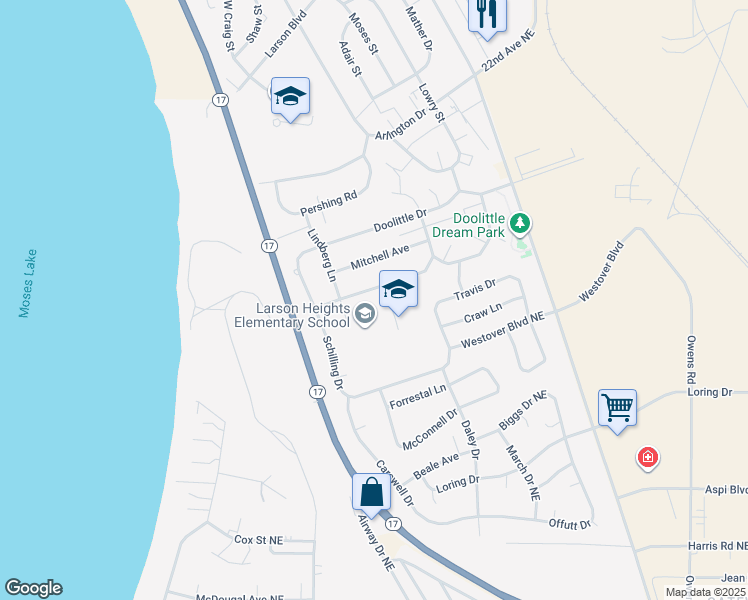 map of restaurants, bars, coffee shops, grocery stores, and more near 1234 Vandenburg Loop Northeast in Moses Lake