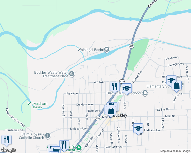 map of restaurants, bars, coffee shops, grocery stores, and more near 400 Rosewood Drive in Buckley