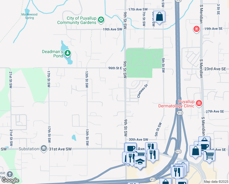 map of restaurants, bars, coffee shops, grocery stores, and more near 2517 10th Street Southwest in Puyallup