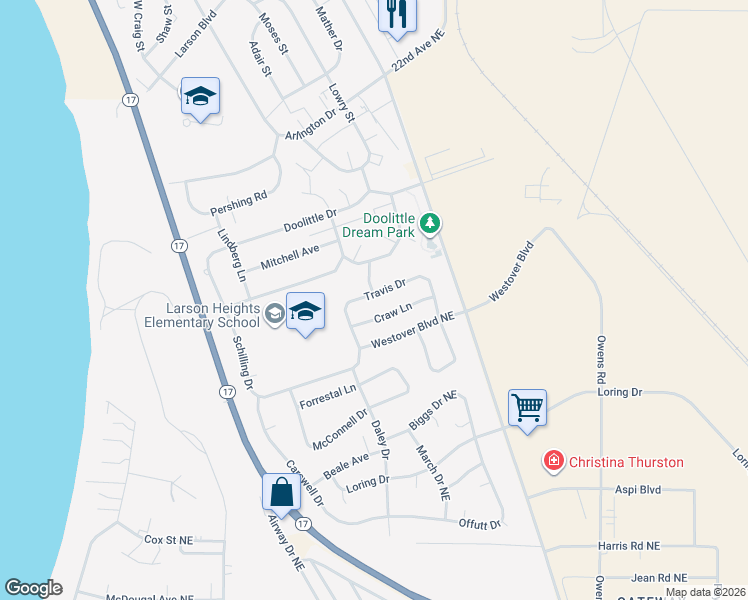 map of restaurants, bars, coffee shops, grocery stores, and more near 8913 Travis Drive in Moses Lake