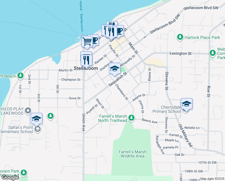 map of restaurants, bars, coffee shops, grocery stores, and more near 610 Frederick Street in Steilacoom